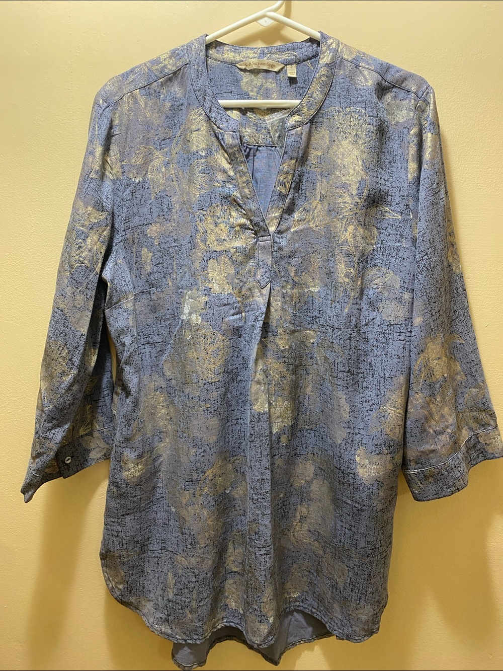 Soft Surroundings Blue Lyocel Tunic w/ Gold Floral Print-Large NWOT Lagenlook